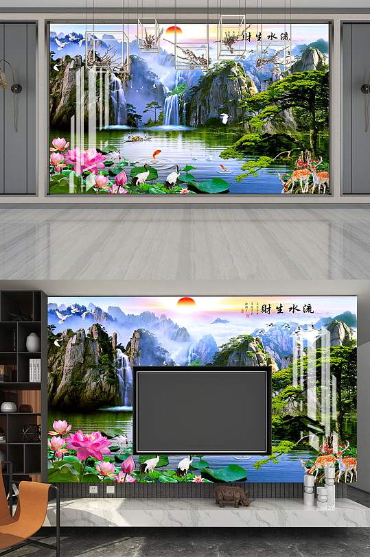 花鸟山水电视背景墙