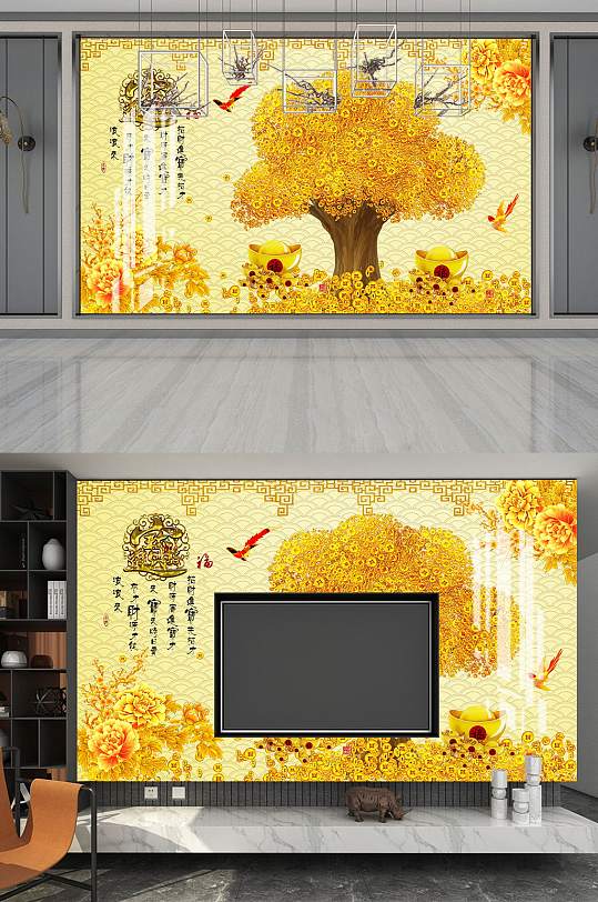 花鸟山水电视背景墙-众图网