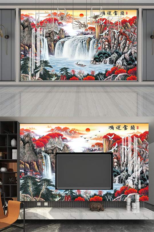 花鸟山水电视背景墙-众图网