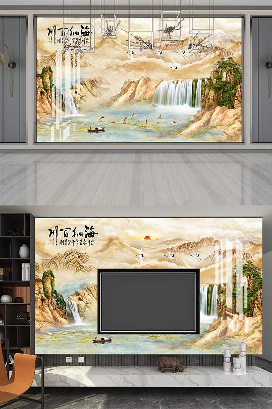 花鸟山水电视背景墙-众图网
