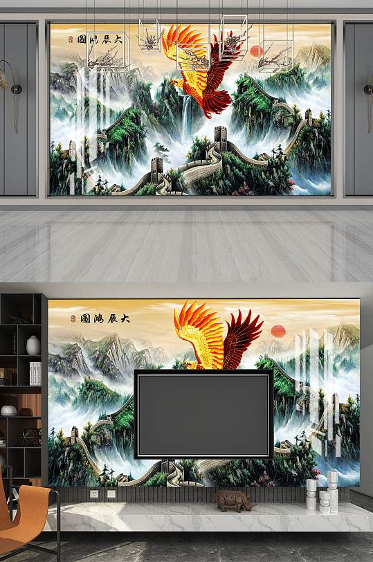 花鸟山水电视背景墙-众图网