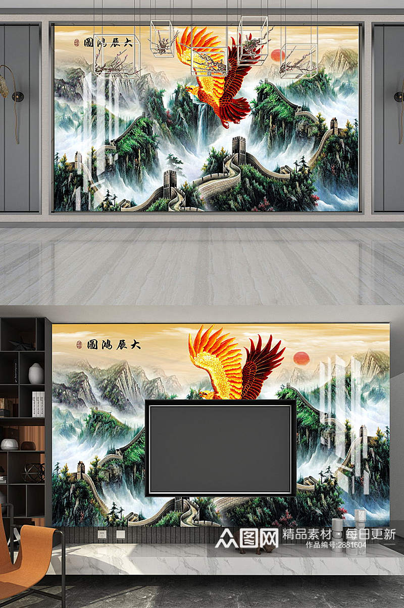 花鸟山水电视背景墙素材