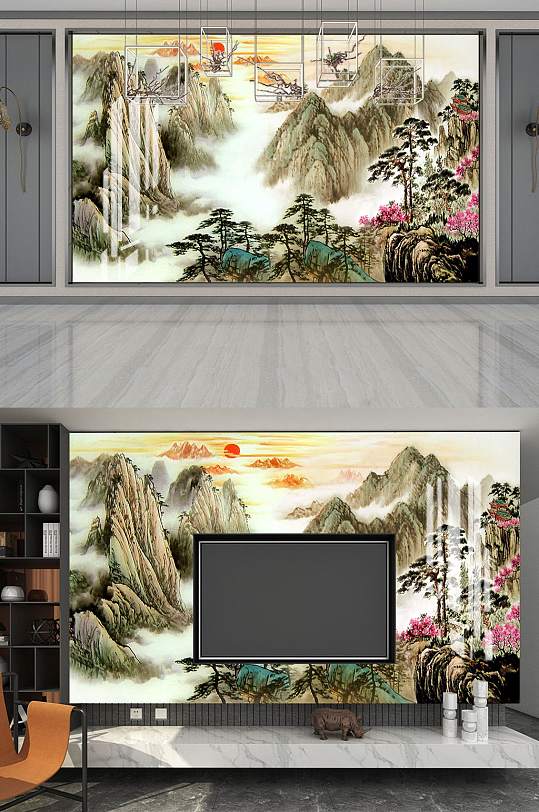 花鸟山水电视背景墙-众图网