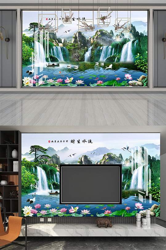 花鸟山水电视背景墙-众图网