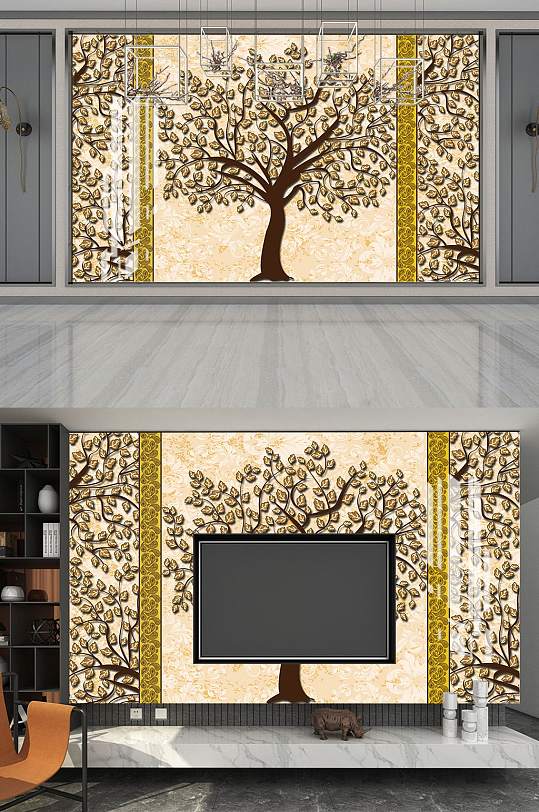黄金树电视背景墙-众图网