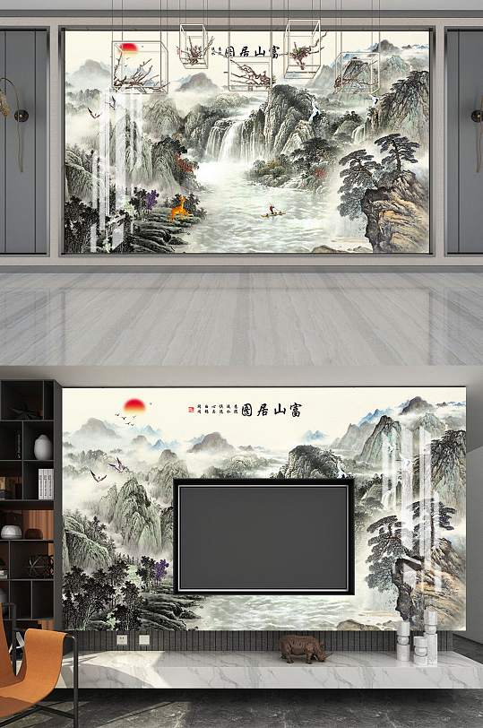 山水鸟花电视背景墙-众图网