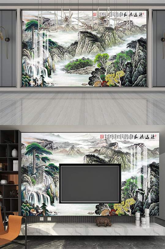 山水鸟花电视背景墙-众图网