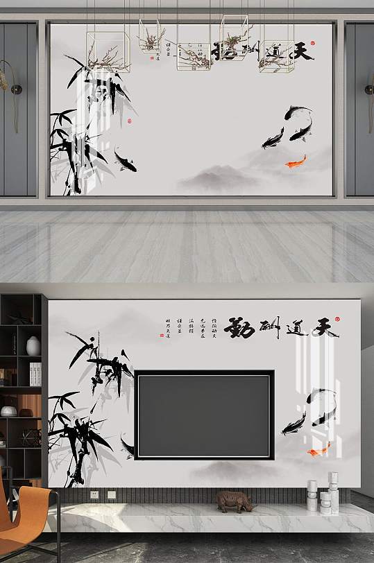 山水鸟花电视背景墙-众图网