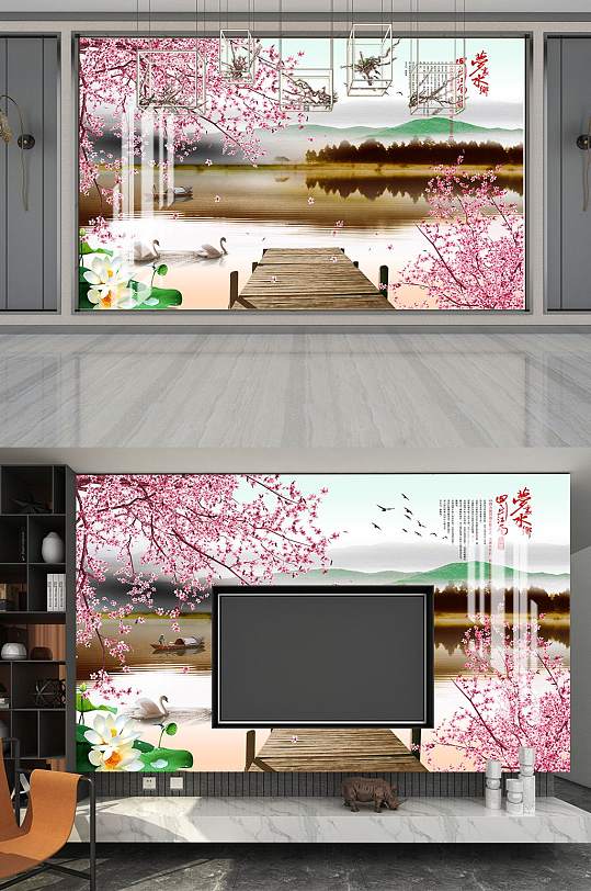 山水鸟花电视背景墙-众图网