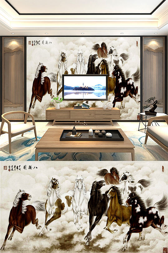 中式山水画背景墙树-众图网