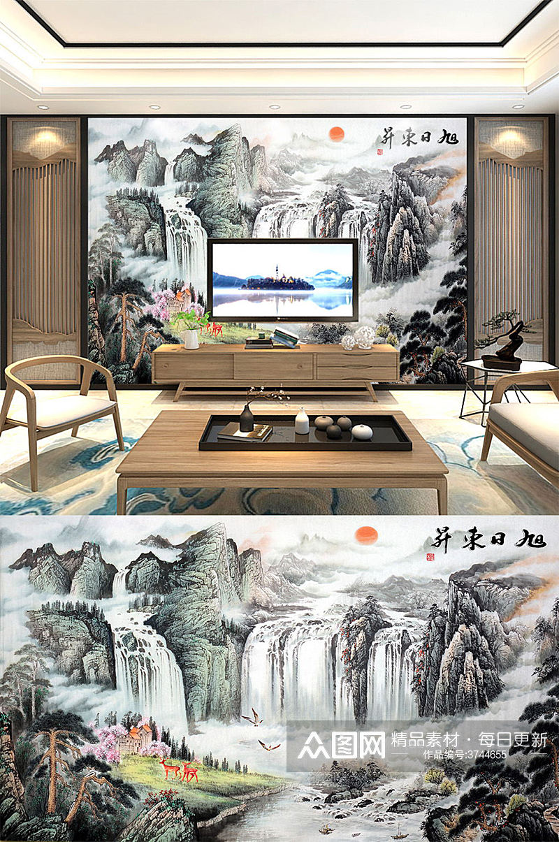 中式山水画背景墙树素材