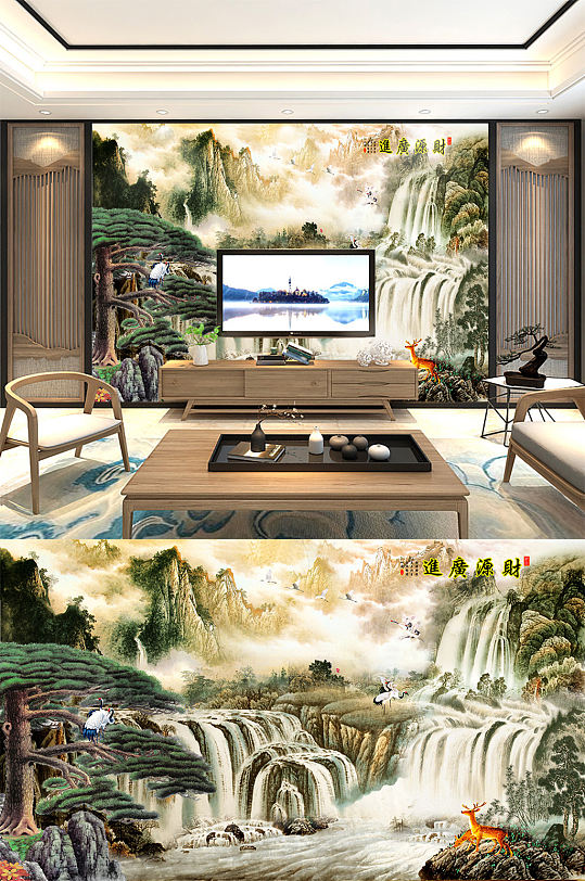 新中式家和山水画背景墙-众图网