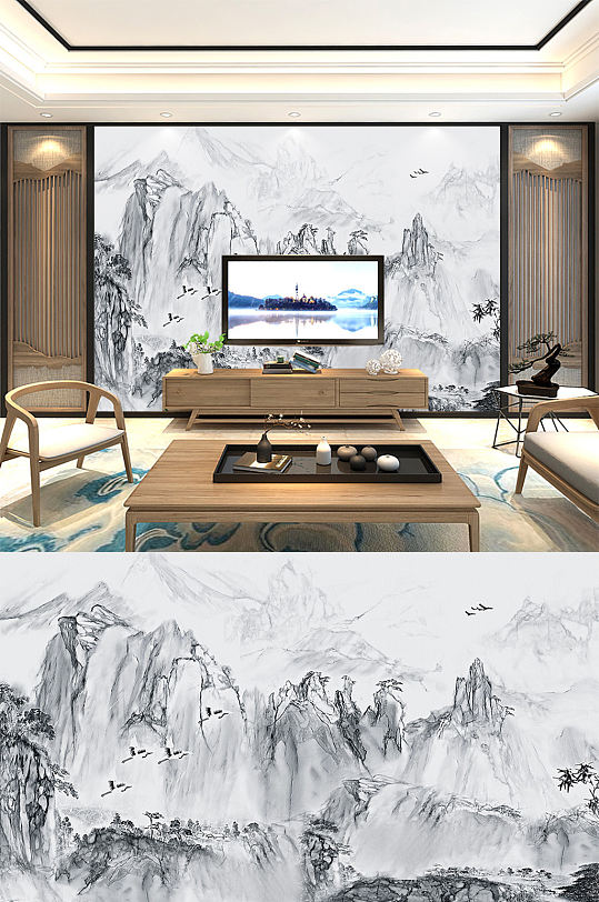新中式水墨山水画背景墙-众图网