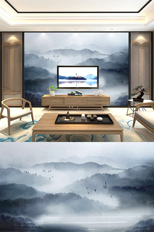 新中式水墨山水画背景墙-众图网