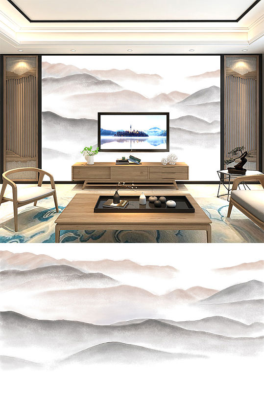 新中式水墨山水画背景墙-众图网