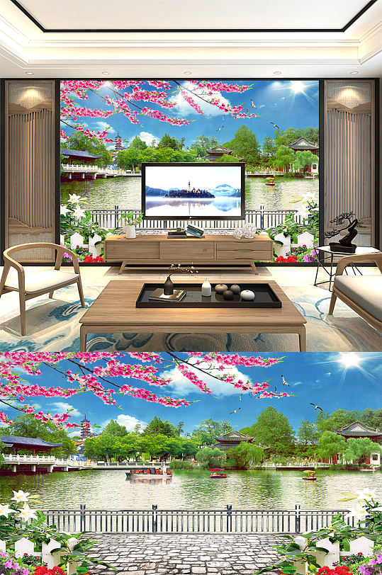 新中式花山水画背景墙-众图网