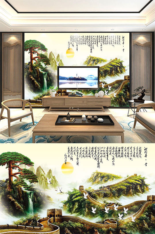 新中式山水画背景墙-众图网