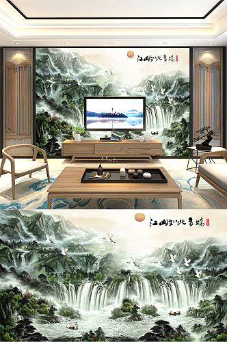 新中式水墨山水画背景墙