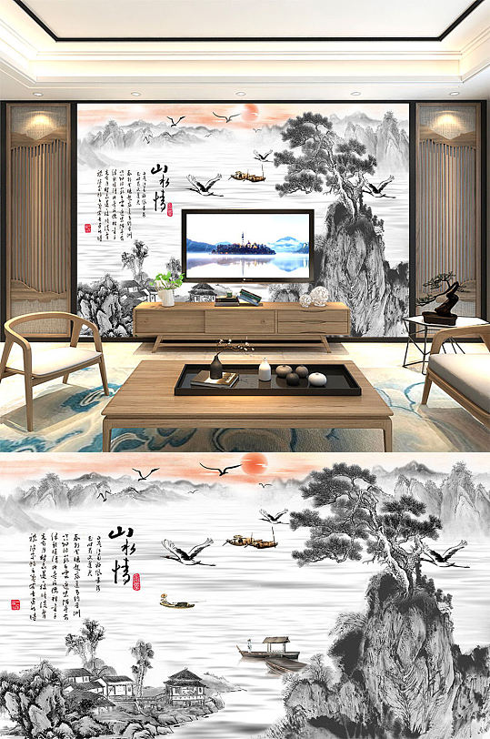 新中式山水画背景墙-众图网