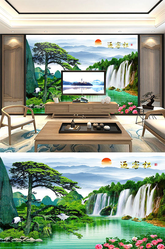 新中式山水画背景墙-众图网