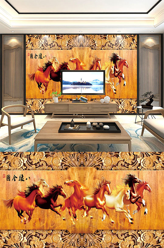 马新中式山水画背景墙-众图网