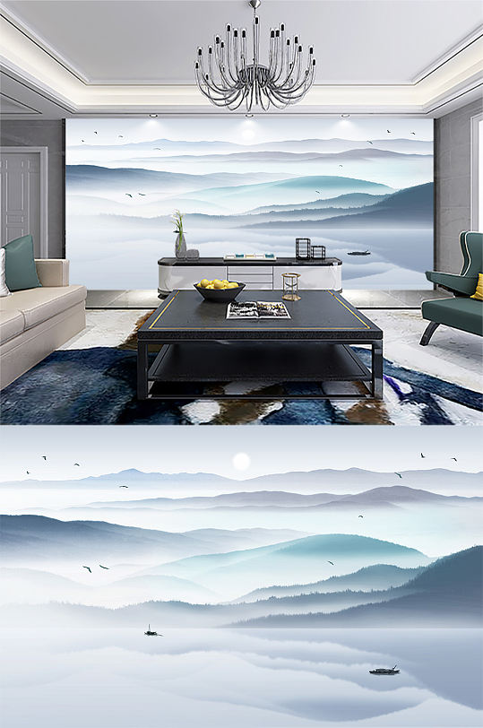 新中式水墨山水背景墙-众图网