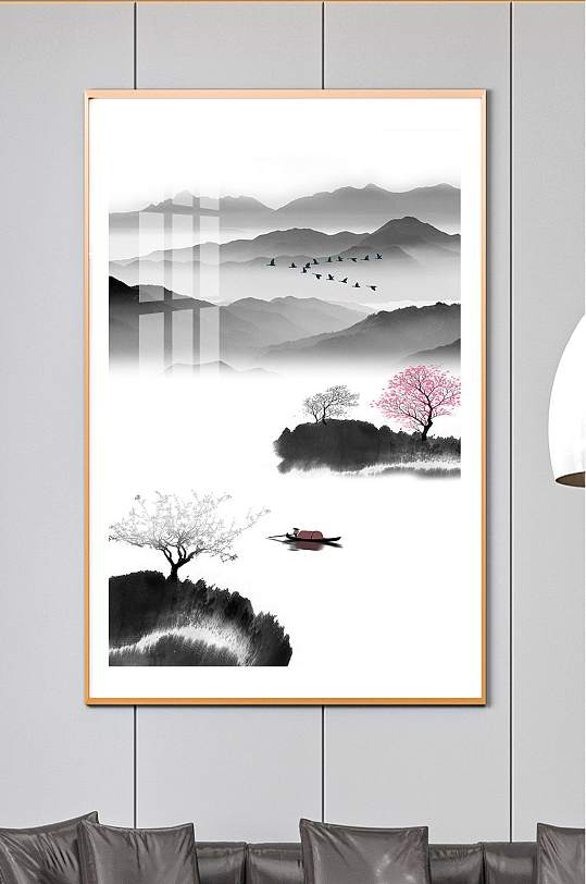 新中式水墨山水玄关过道背景墙装饰画-众图网