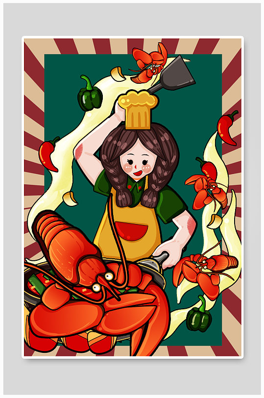 女厨师正在爆炒小龙虾小龙虾美食人物插画