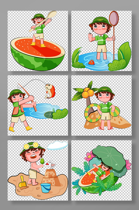 钓鱼西瓜椰子沙滩乘凉大暑节气夏季元素插画-众图网