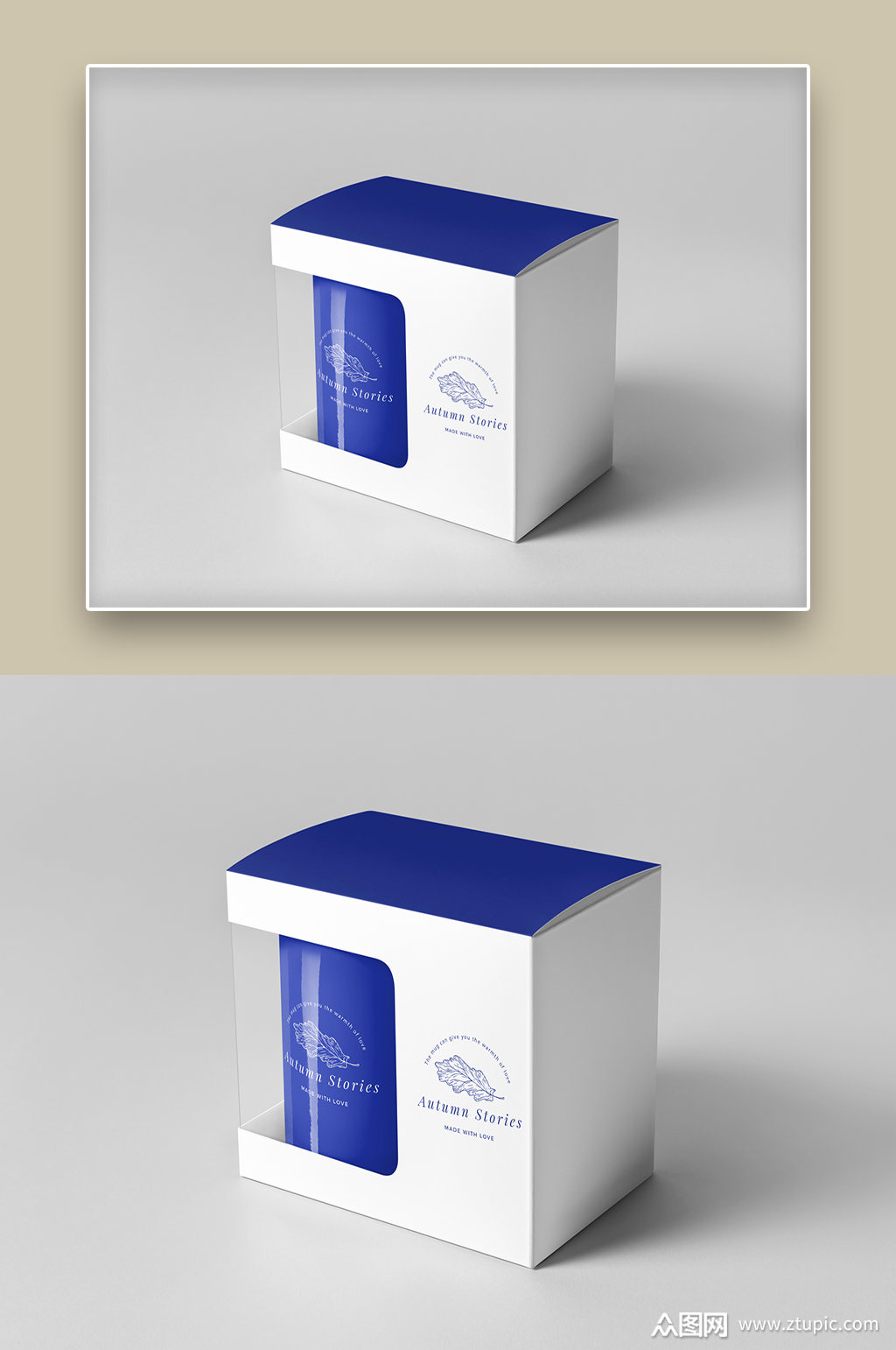 简约蓝色马克杯陶瓷杯子白色包装盒样机素材