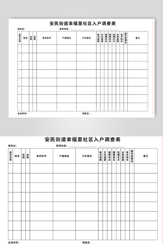安民街道幸福里社区入户调查表-众图网