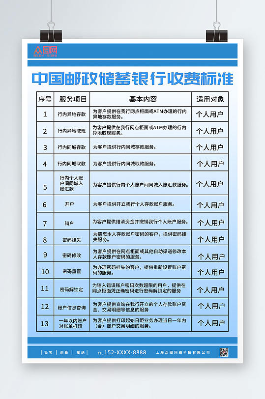 蓝色简约中国邮政收费标准项目海报