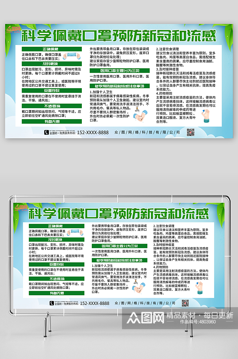 绿色科学佩戴口罩医疗防疫知识展板素材