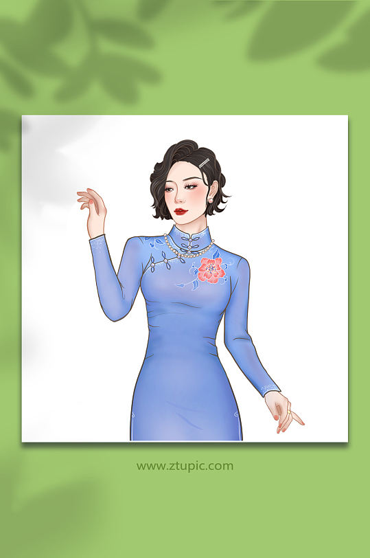 手绘古风旗袍人物元素插画