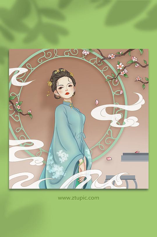 手绘复古汉服人物元素插画-众图网