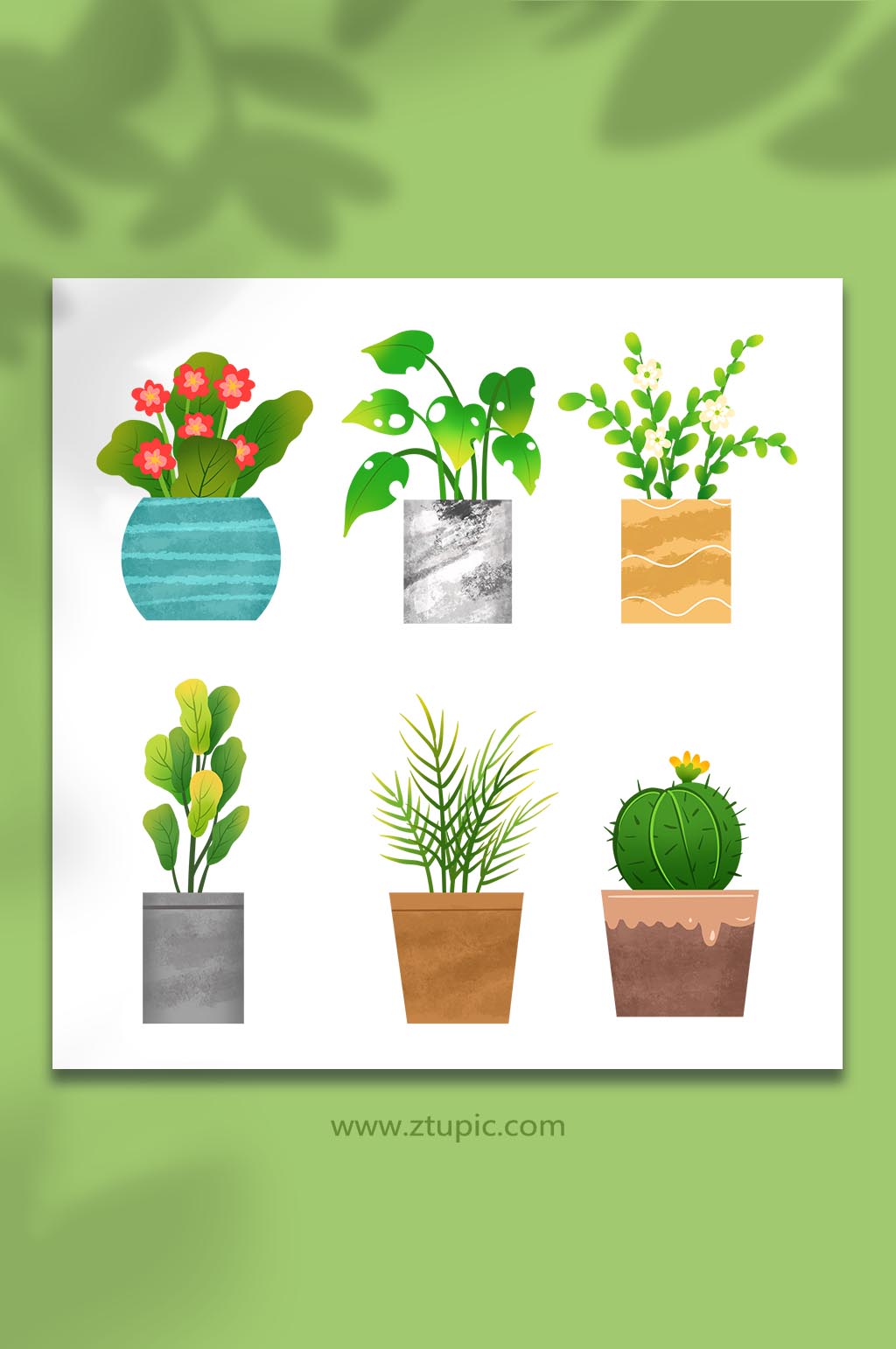 手绘卡通小清新绿色植物盆栽元素插画素材