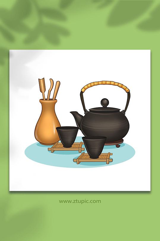 手绘卡通茶文化泡茶茶具元素插画