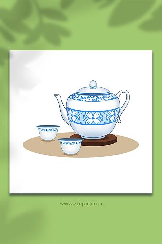 手绘卡通茶文化青花瓷茶具元素插画