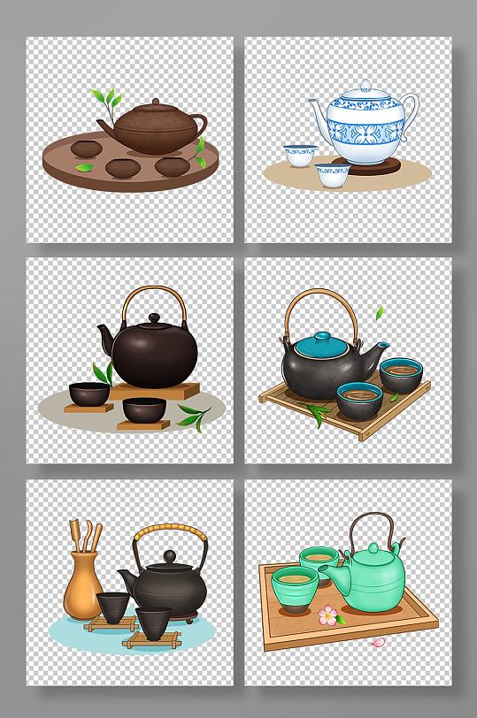 手绘卡通茶文化茶具组合元素插画