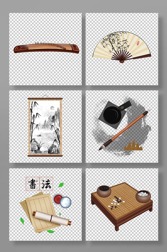 手绘卡通琴棋书画组合元素插画