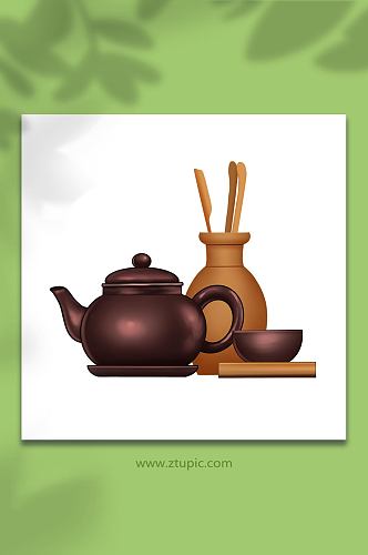 手绘卡通复古茶壶茶叶茶文化茶具元素插画