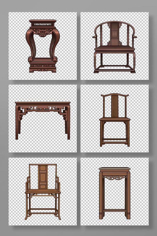 手绘卡通国潮古典木质家具组合元素插画