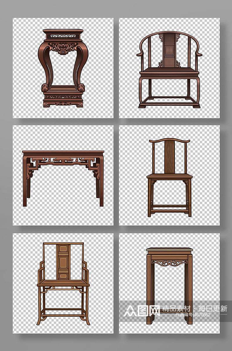 手绘卡通国潮古典木质家具组合元素插画素材