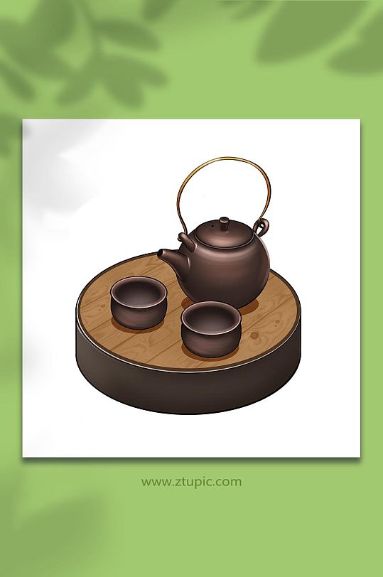 手绘卡通国潮复古茶艺茶具元素插画