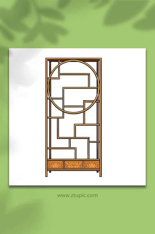 手绘卡通国潮古董木质家具书柜元素插画