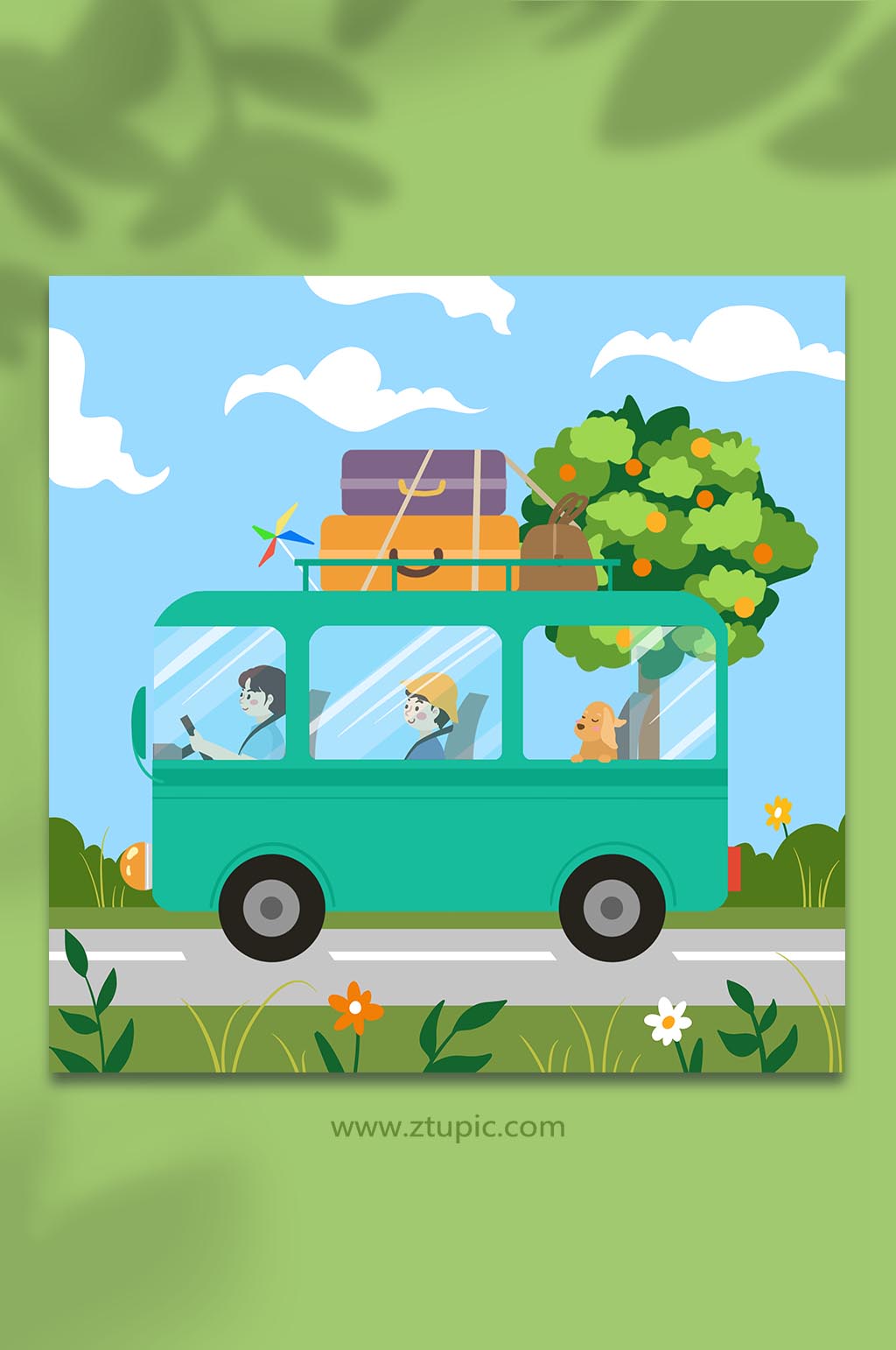 秋游旅游手绘卡通人物开车旅行原创插画素材