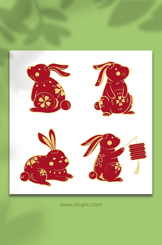 手绘剪纸国潮兔子兔年组合原创插画元素