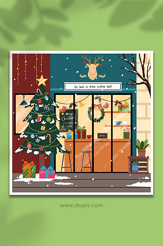 手绘卡通圣诞咖啡厅插画背景图