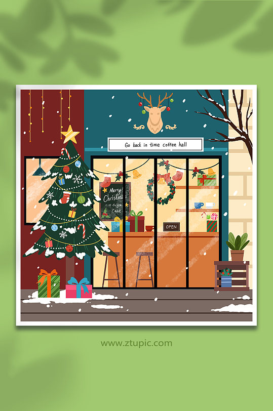 手绘卡通圣诞咖啡厅插画背景图