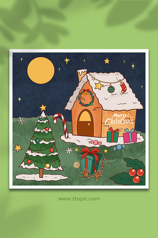 手绘卡通圣诞节糖果屋插画背景图